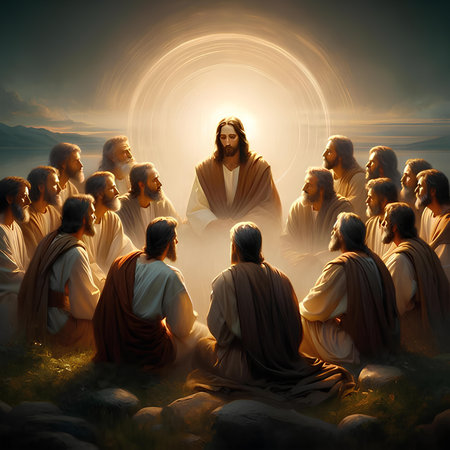 Jesus Christ with the people around him. 3D illustration. Conceptual image.の素材