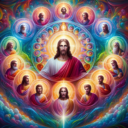 Jesus Christ in a circle of colorful rays of light. 3d renderingの素材