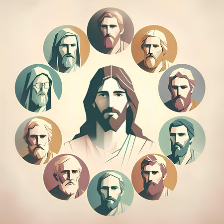 Portrait of Jesus Christ in a circle of different colors. Vector illustration.の素材