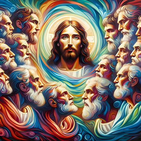 Jesus Christ with the crown of thorns. Colorful abstract background.の素材
