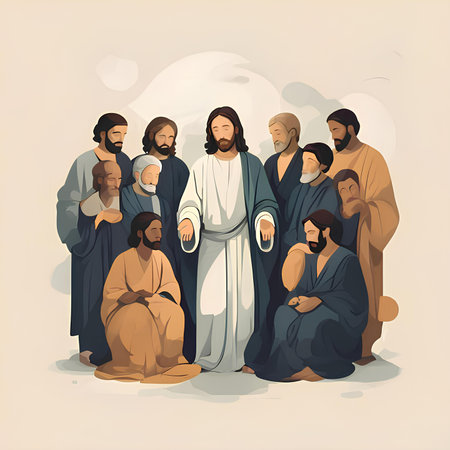 Jesus Christ with the Holy Family. Vector illustration in cartoon style.の素材