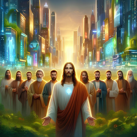Jesus Christ in the city. 3D rendering. Illustration.の素材
