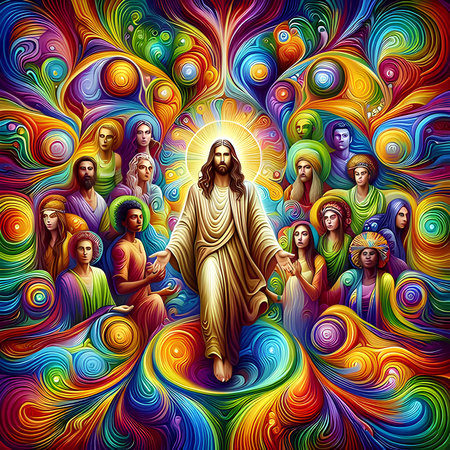 Colorful vector illustration of Jesus Christ with his family on colorful backgroundの素材