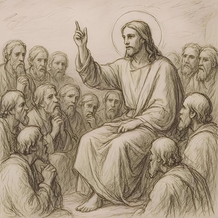 Jesus Christ with the crowd of people in the background. Hand drawn illustration.の素材