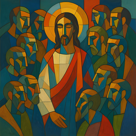 Illustration in stained glass style of Jesus Christ on the cross.の素材