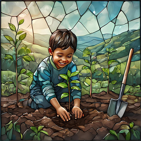 Illustration of a little boy planting a tree in the garden.の素材