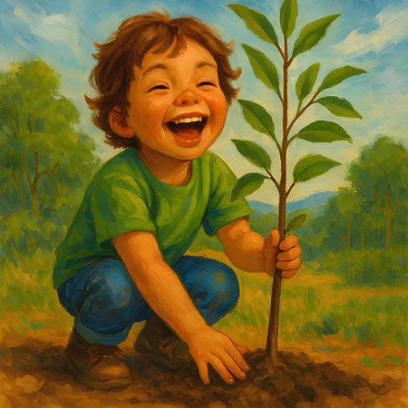 Little boy planting a tree in the ground. Illustration of a child planting a tree.の素材