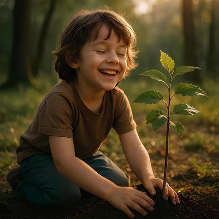 Cute little boy planting a tree in the forest. Ecology concept.の素材