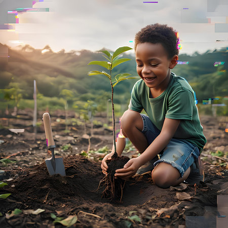 Young African American boy planting a tree in the garden. The concept of Earth Day.の素材