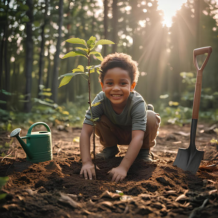 Little African-American boy planting a tree in the forest at sunsetの素材