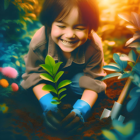 Little asian girl planting tree in the garden. Nature background.の素材