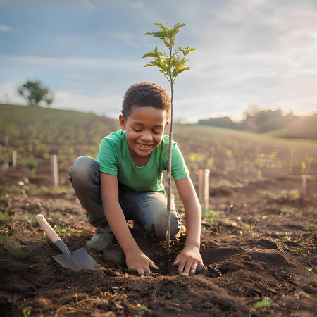 Little African-American boy planting a tree in the garden at sunsetの素材