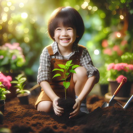 Cute asian little girl planting a tree in the garden.の素材