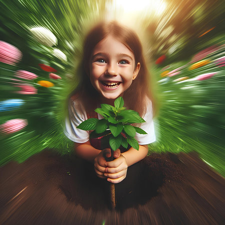 Little girl holding a plant in her hands and smiling at the cameraの素材