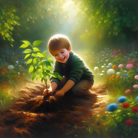 Little boy planting a tree in the spring forest. Nature background.の素材