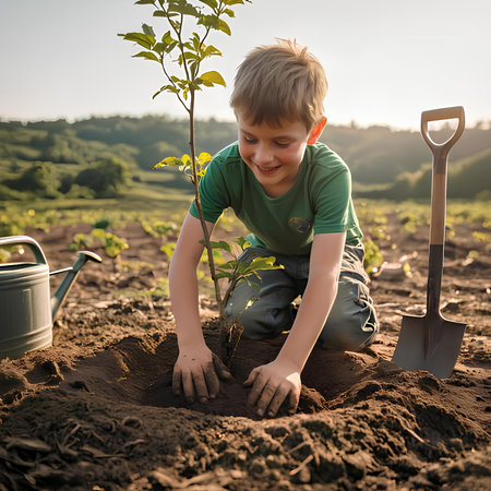 Little boy planting a tree in the garden on a sunny summer dayの素材