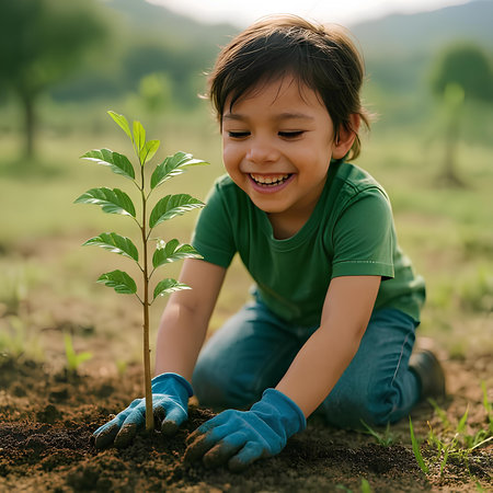 Little asian child planting tree in the garden. Save world concept.の素材