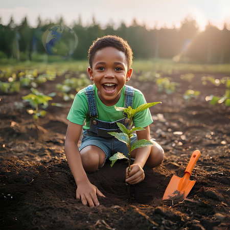 Portrait of a happy African-American boy holding a seedling in his hands and smiling while standing in the field.の素材