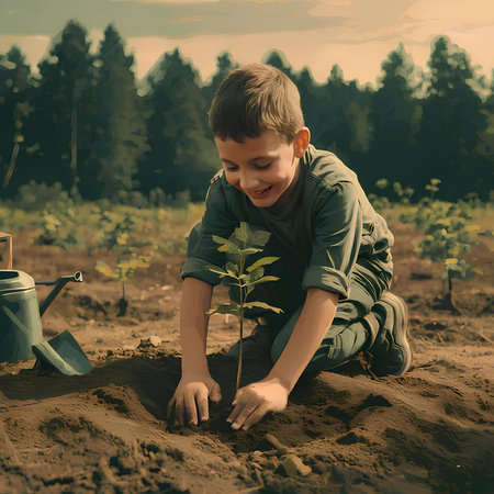 Boy planting a tree in the garden. Selective focus. nature.の素材