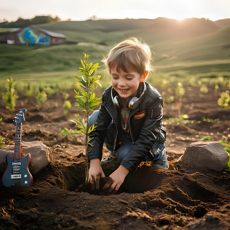 Little boy digging holes in the soil. Child playing guitar on the farm.の素材