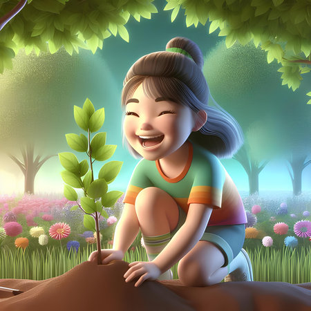 Girl planting a tree in the garden with a green nature background.の素材