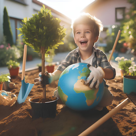 Cute little boy planting a tree in the garden. Earth day conceptの素材