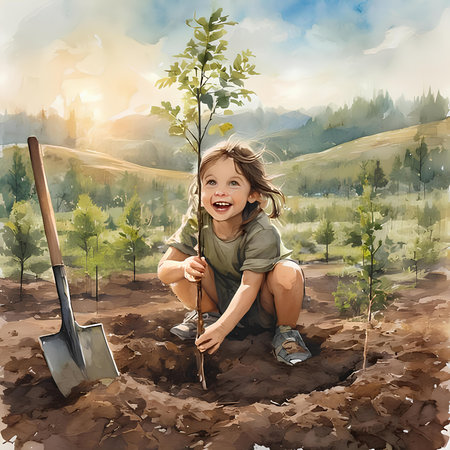 Little girl planting a tree in the ground. Watercolorpainting.の素材
