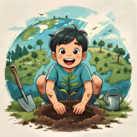 Boy planting a tree in the earth. Vector illustration of a cartoon character.の素材