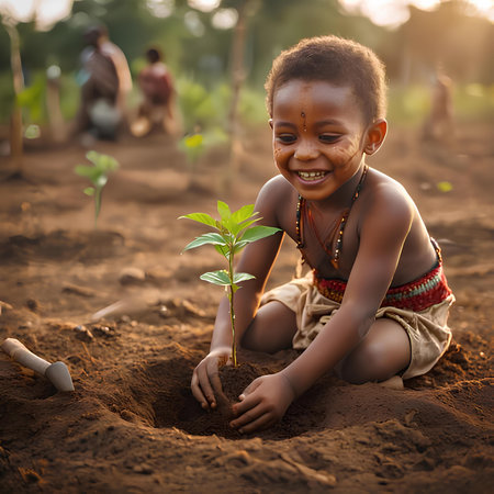 African child boy is planting a tree in the field at sunset.の素材
