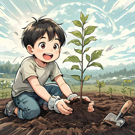 Illustration of a little boy planting a tree in the field.の素材