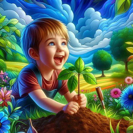 Cartoon boy planting a tree in the garden - illustration for childrenの素材