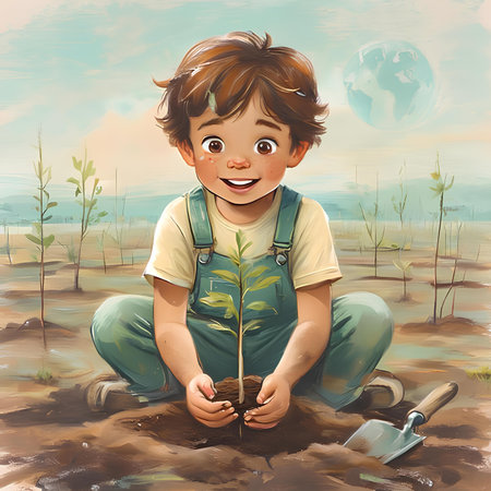 Boy planting a tree in the field, illustration of a child planting a treeの素材