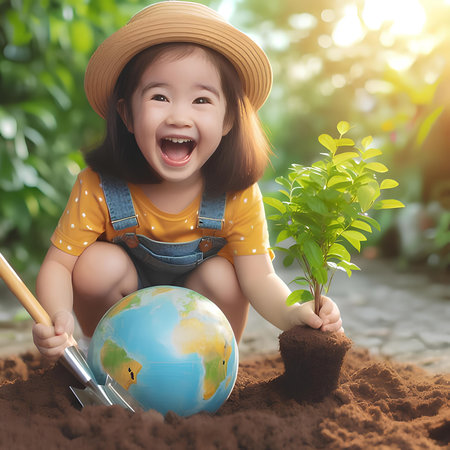 Happy asian little child girl planting tree in the garden. Earth day concept.の素材