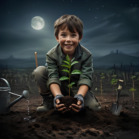 Little boy planting a tree in the soil. Elements of this image furnished by NASAの素材