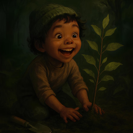Little boy is planting a tree in a dark room with green plantsの素材