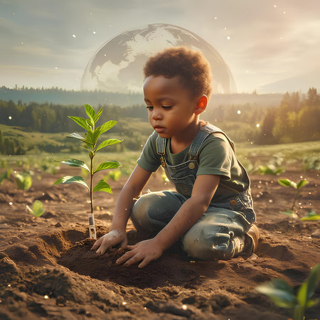 Little boy planting a tree in the field. Elements of this image furnished by NASAの素材
