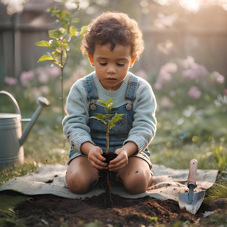 Little boy planting a tree in the garden. Earth day concept.の素材