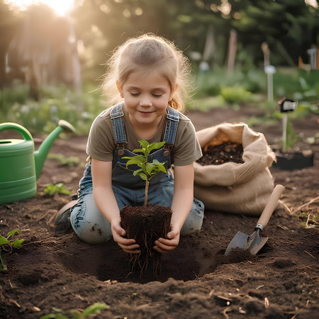 Cute little girl is planting a tree in the garden at sunset.の素材