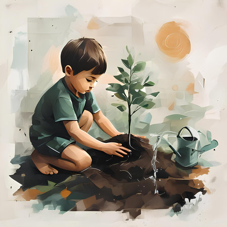 Young boy planting a tree. Watercolor illustration, digital painting.の素材