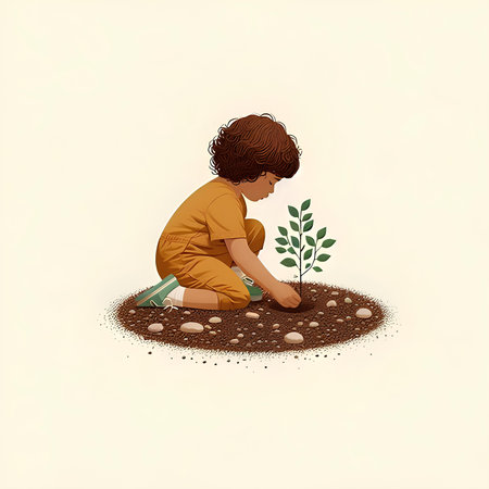 Cute little boy planting a tree in the soil. vector illustrationの素材