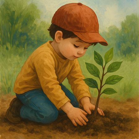 A young boy planting a tree in the ground. Digital painting.の素材
