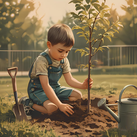 Cute little boy planting a tree in the garden on summer dayの素材