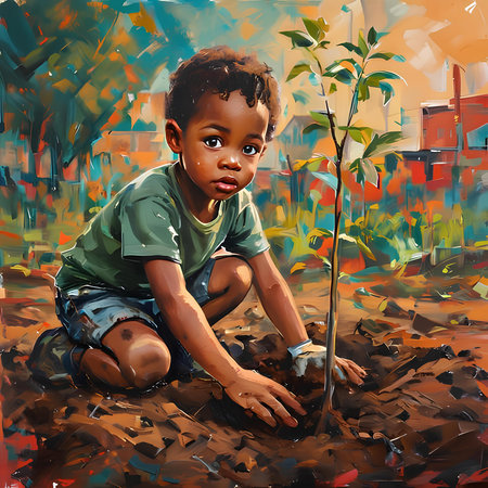 African american boy planting a tree in the garden - digital paintingの素材