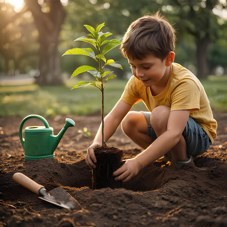 Cute little boy planting a tree in the garden. Environment protection concept.の素材