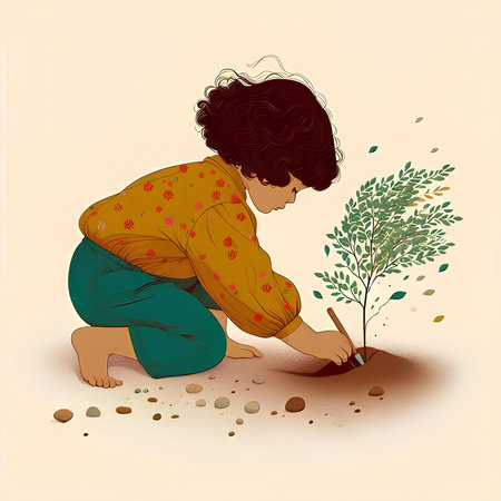 Vector illustration of a woman planting a tree. The concept of environmental protection.の素材