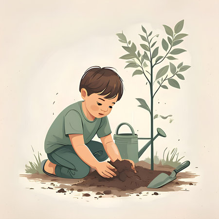Little boy planting a tree. Vector illustration of a child planting a tree.の素材