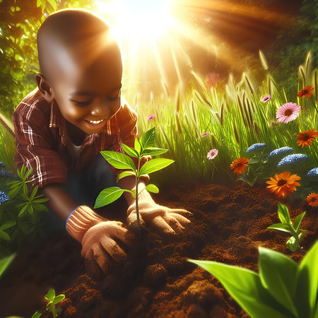 Little African American boy planting a tree in the garden. 3D renderingの素材