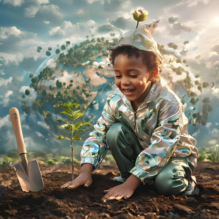 Little boy planting a tree in the garden. Earth day concept.の素材