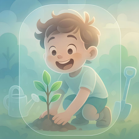 Cute boy planting a tree in the garden. Vector illustration.の素材