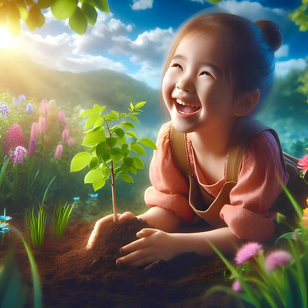 Little asian girl planting a tree in the garden on sunset backgroundの素材